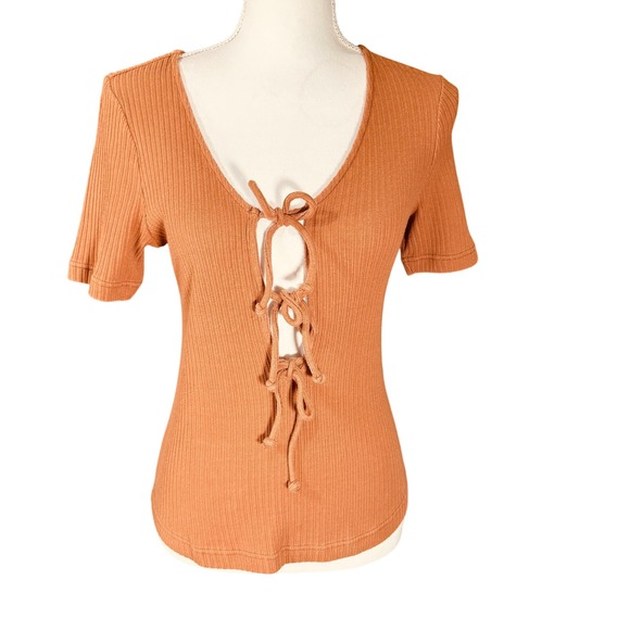 Free People Tops - Free People Ribbed Lace Up Tie Front Top Terracotta Brown Short Sleeve Medium